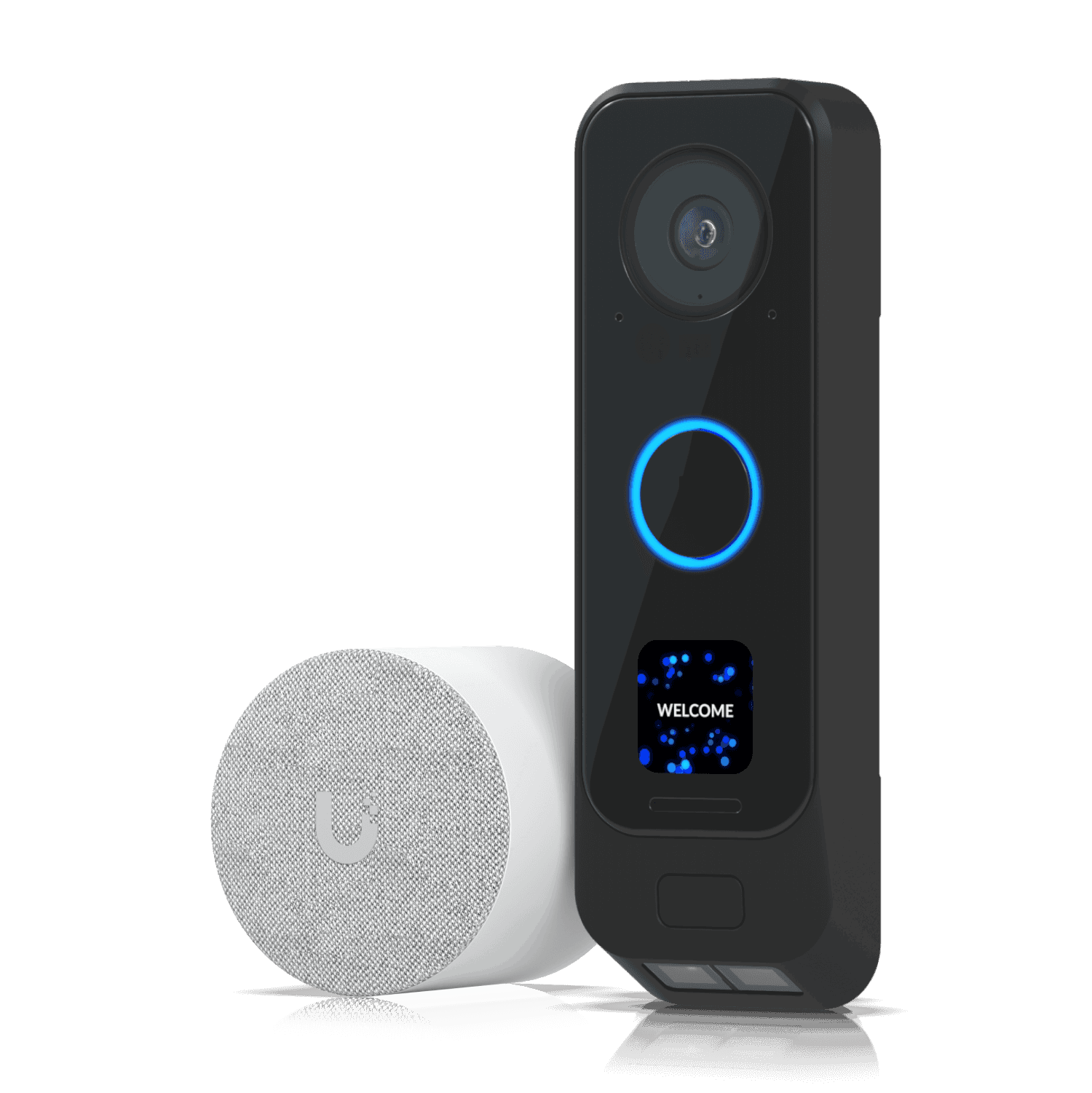 Ubiquiti UniFi G4 Doorbell Pro black front with blue button and welcome display