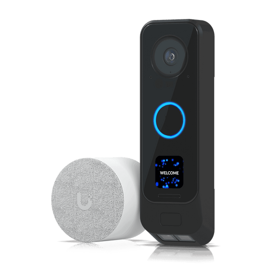 Ubiquiti UniFi G4 Doorbell Pro black front with blue button and welcome display