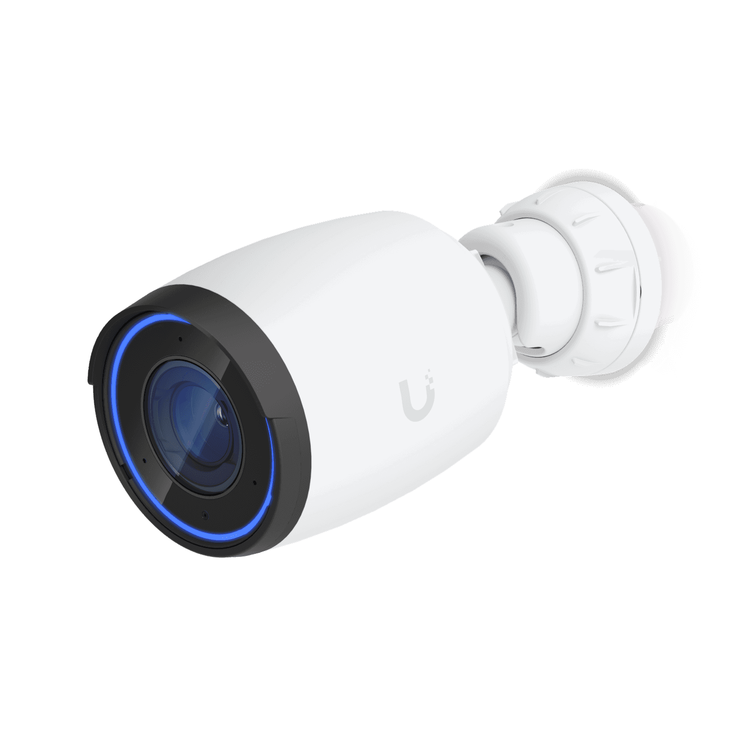 Ubiquiti UniFi AI Pro Bullet Camera white with blue-lit black lens and u logo