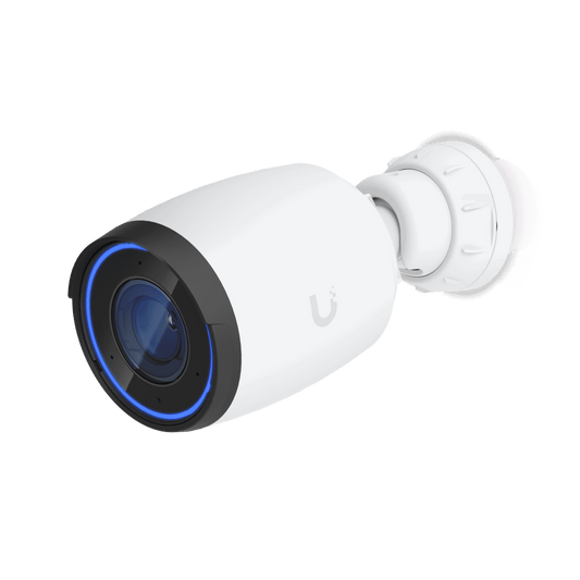 Ubiquiti UniFi AI Pro Bullet Camera white with blue-lit black lens and u logo