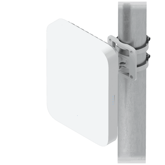 Ubiquiti U5G-Max white rectangular 5G modem mounted on pole with clamp