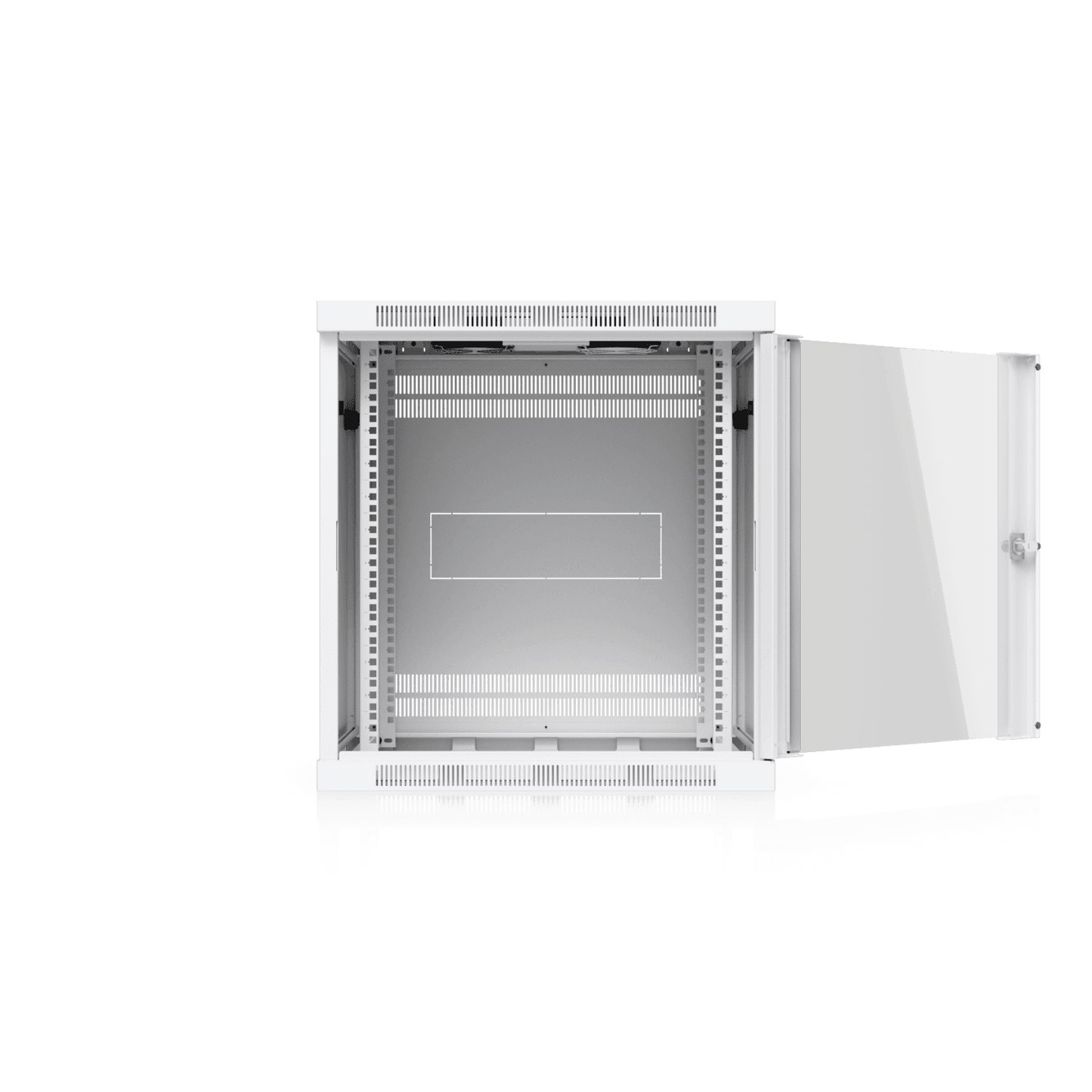 Ubiquiti UACC-Rack-12U-Wall-600-G 12U wall cabinet with open door and rack interior