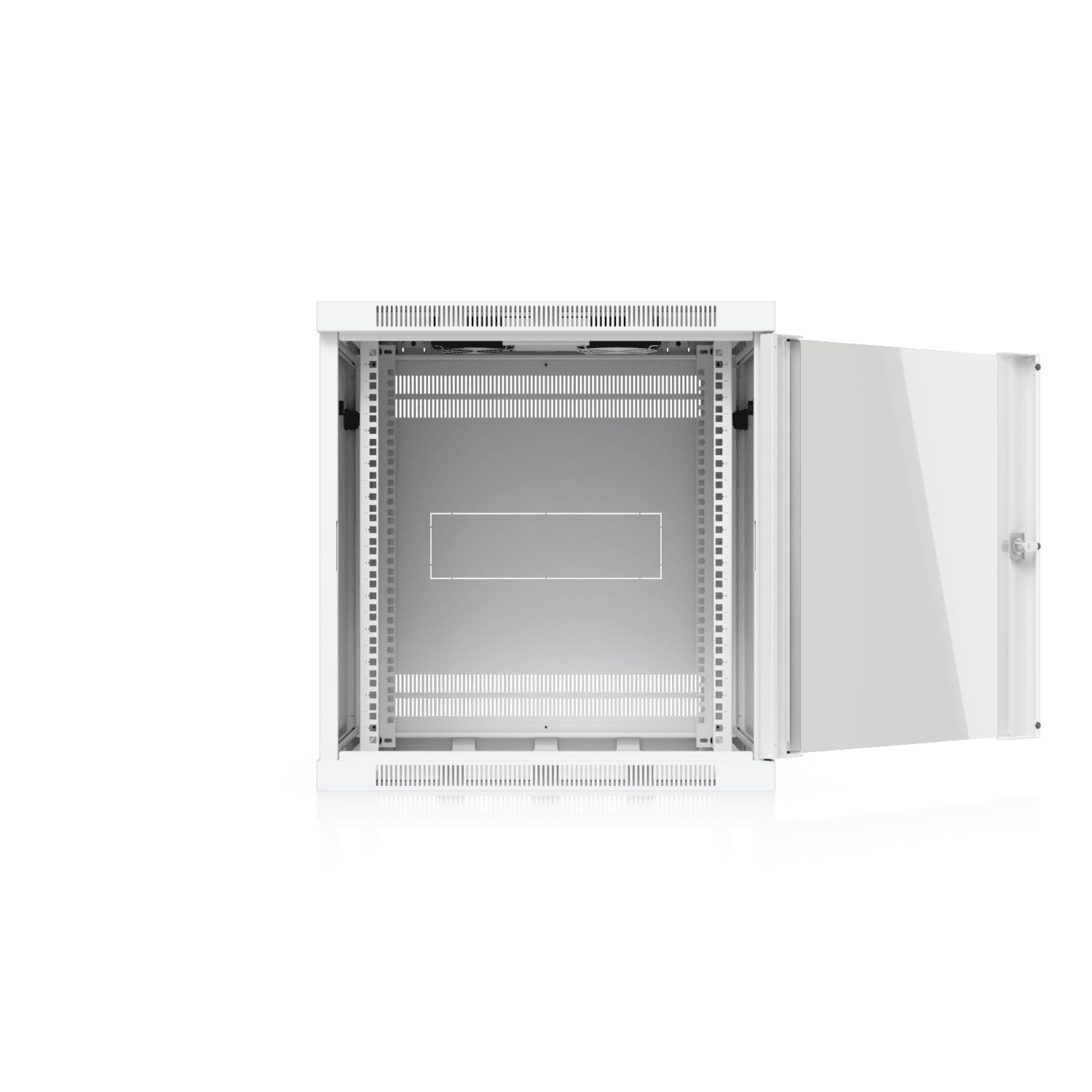 Ubiquiti UACC-Rack-12U-Wall-600-G 12U wall cabinet with open door and rack interior