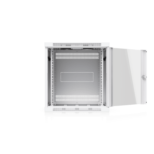Ubiquiti UACC-Rack-12U-Wall-600-G 12U wall cabinet with open door and rack interior