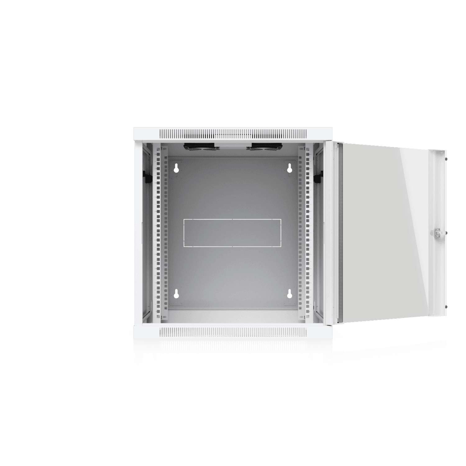 Ubiquiti UACC-Rack-12U-Wall-SW-G 12U wall mount swing cabinet with white rack and open glass door