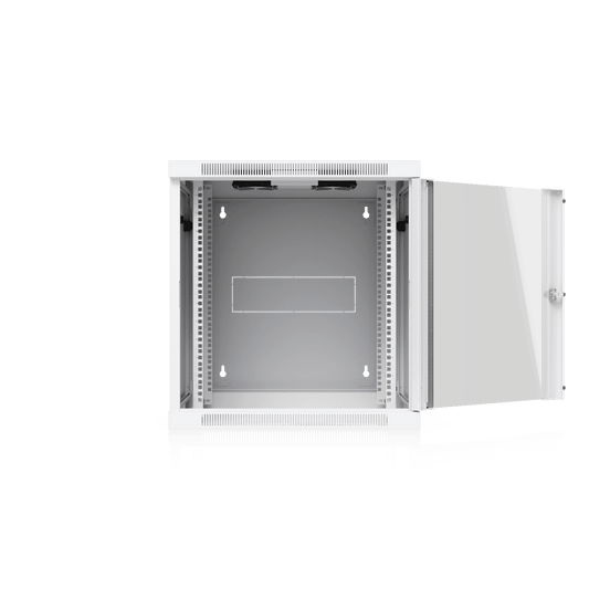 Ubiquiti UACC-Rack-12U-Wall-SW-G 12U wall mount swing cabinet with white rack and open glass door