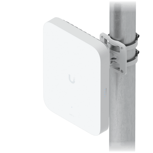 Ubiquiti U5G-Max white rectangular 5G modem mounted on pole with clamp