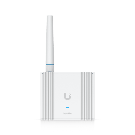 White ubiquiti usl-gateway-us superlink wireless router with vertical antenna and ribbed design for iot gateway use