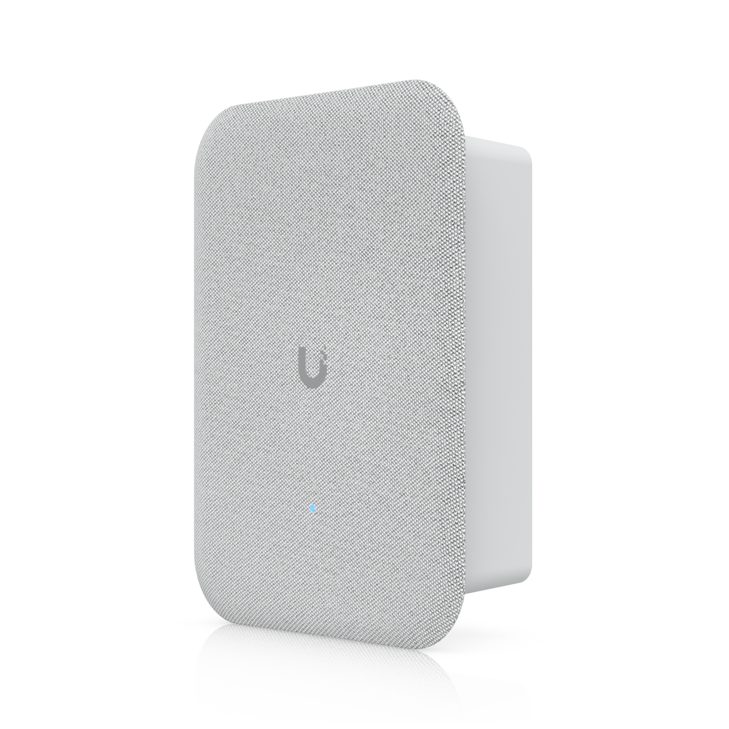 White textured fabric ubiquiti unifi ap-ac-lr wireless access point with gray logo and blue led in ubquiti ai speaker product