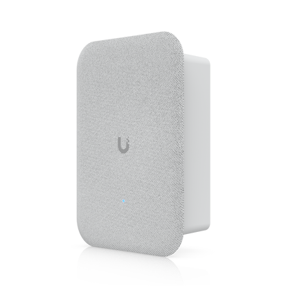 White textured fabric ubiquiti unifi ap-ac-lr wireless access point with gray logo and blue led in ubquiti ai speaker product