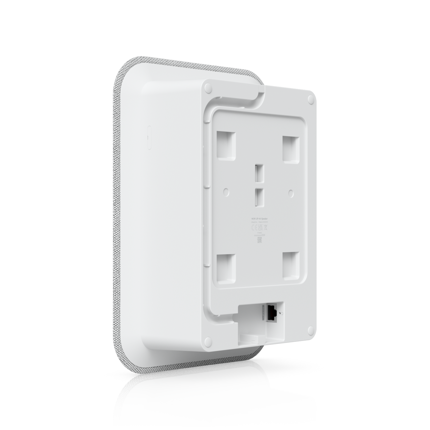 White plastic ubiquiti up-ai-speaker with textured edge and mounting slots for indoor poe ai speaker use