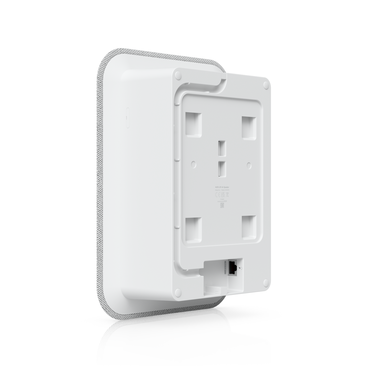 White plastic ubiquiti up-ai-speaker with textured edge and mounting slots for indoor poe ai speaker use