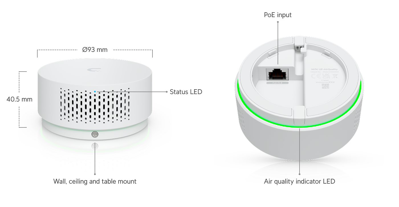 White circular ubiquiti up-airquality smart air quality monitor with green led ring and perforated mesh sides for vape detection and poe