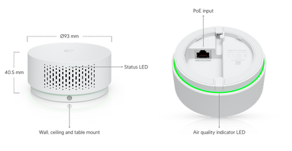 White circular ubiquiti up-airquality smart air quality monitor with green led ring and perforated mesh sides for vape detection and poe