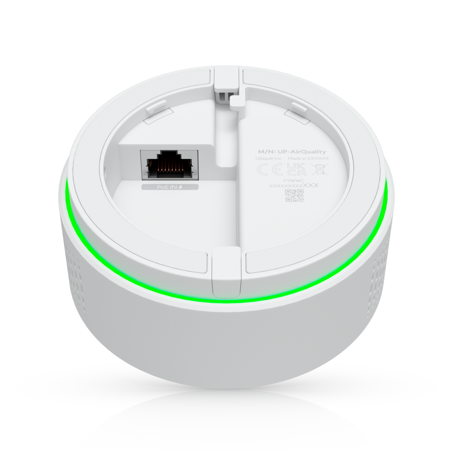Ubiquiti up-airquality white circular wireless router with glowing green led ring for vape detection and air quality sensing