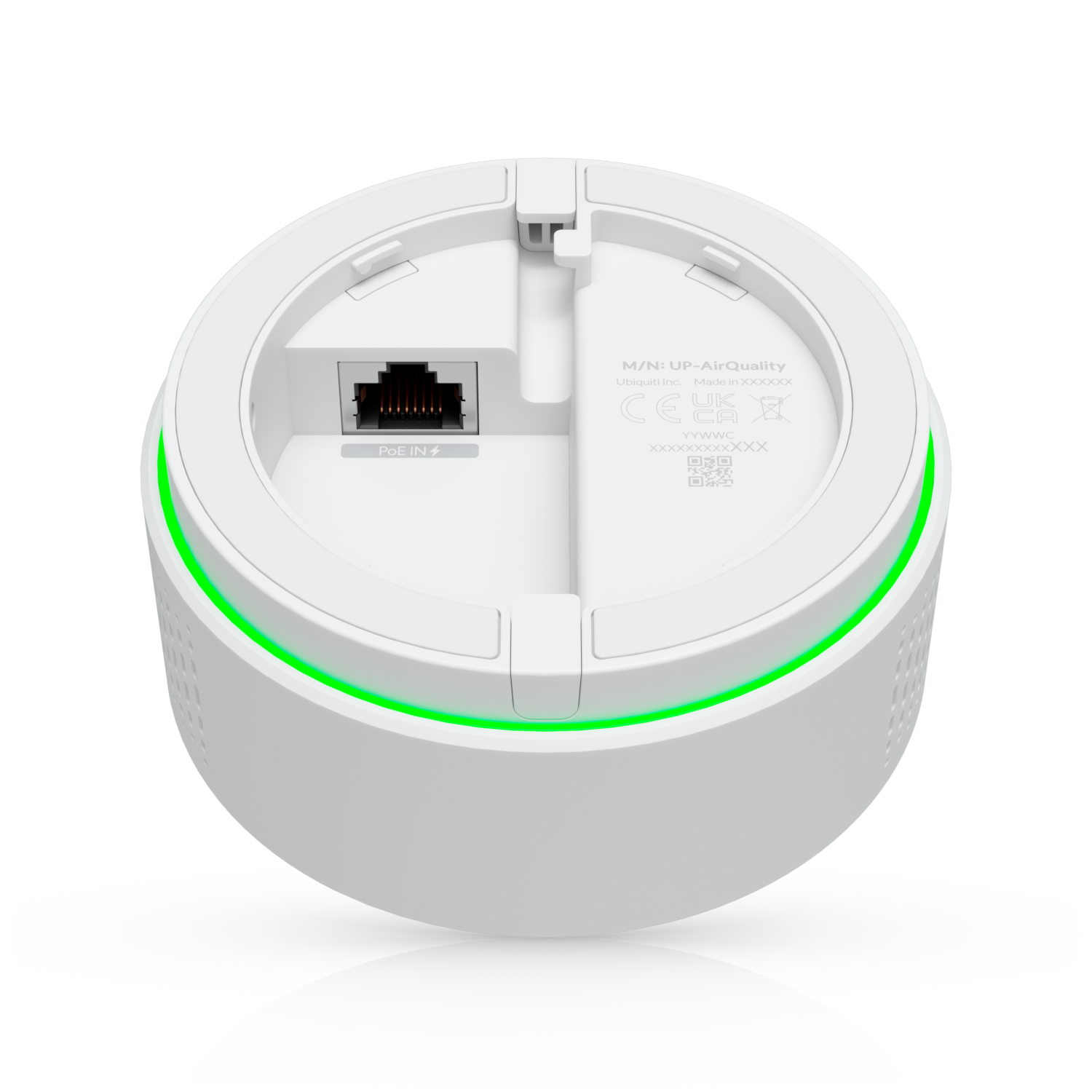 Ubiquiti up-airquality white circular wireless router with glowing green led ring for vape detection and air quality sensing