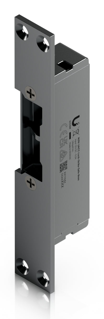 Gray metallic Ubiquiti UACC-LOCK-STRIKE-SAFE-8MM fail-safe electric strike lock with rectangular body and mounting holes