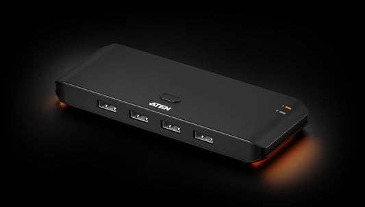 Black aten us4224-at usb 2.0 peripheral sharing switch with four ports and orange led indicators on front panel