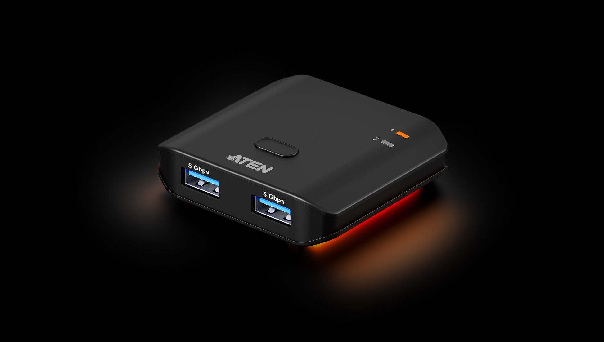 Black aten usb 3 0 hub with two ports and orange led indicator light for the aten us4322-at usb 3 2 gen 1 switch