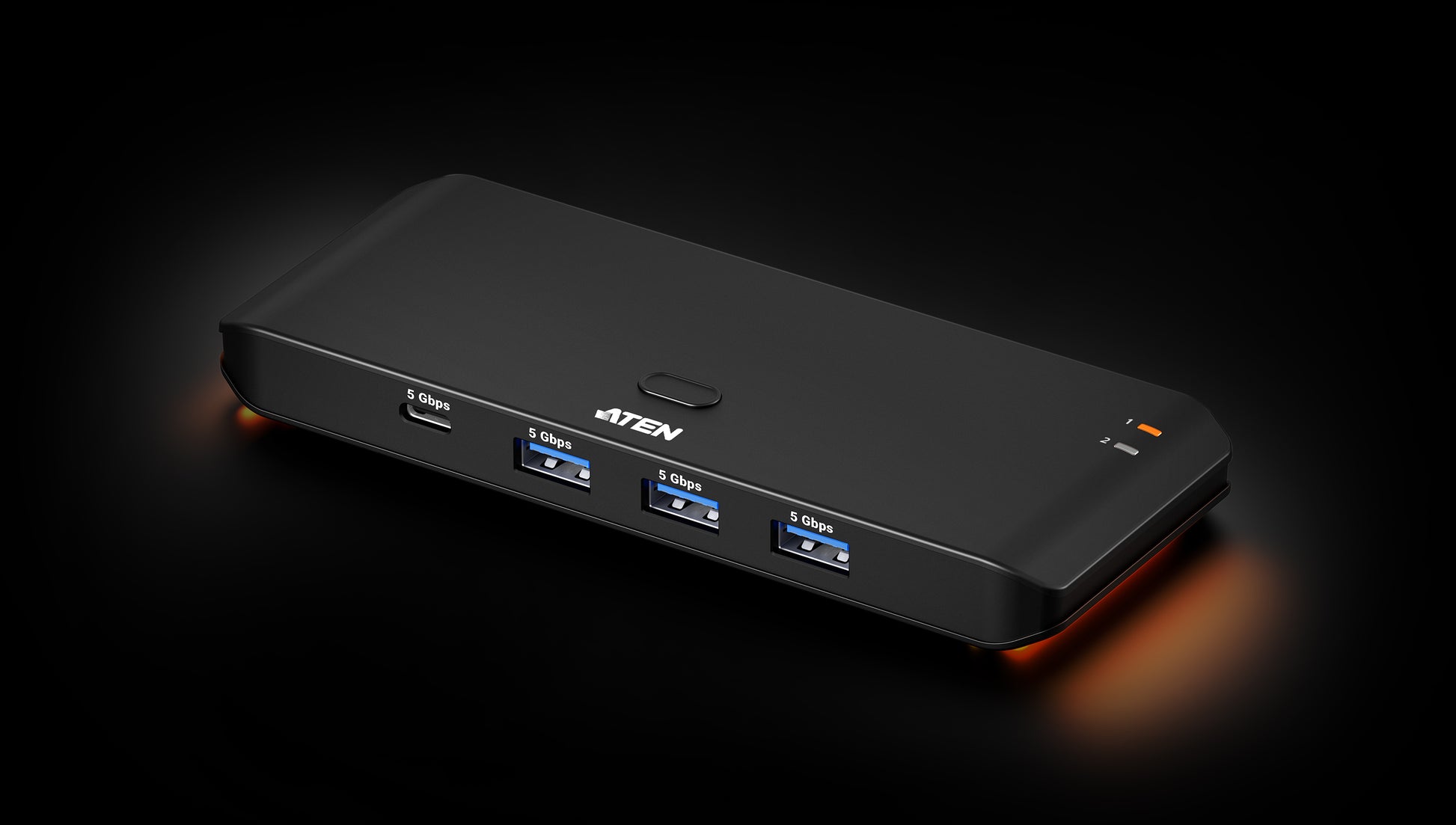 Black aten us4324-at usb 3.2 gen 1 hub with four blue 5 gbps ports and orange power indicator light on back side