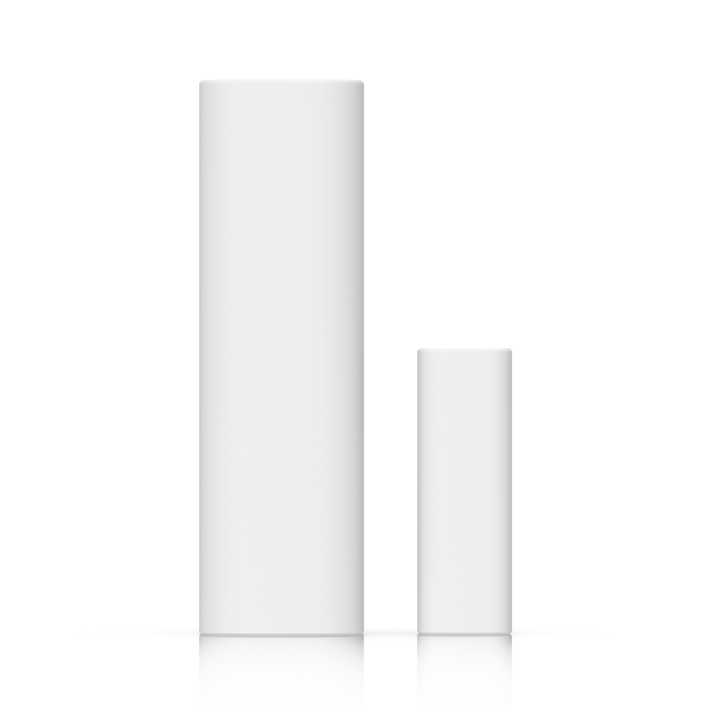 Two white cylindrical uniFi superlink door window open closed sensors from Ubiquiti for smart home monitoring