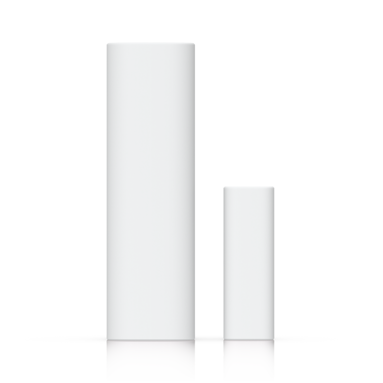 Two white cylindrical uniFi superlink door window open closed sensors from Ubiquiti for smart home monitoring