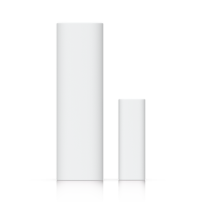 Two white cylindrical uniFi superlink door window open closed sensors from Ubiquiti for smart home monitoring