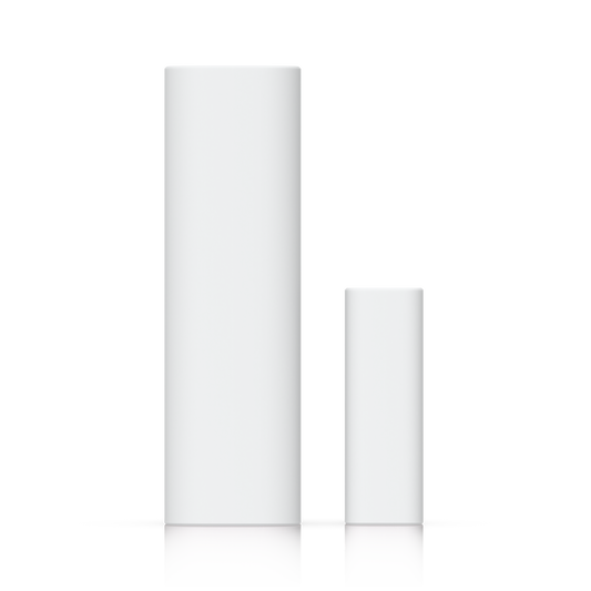 Two white cylindrical uniFi superlink door window open closed sensors from Ubiquiti for smart home monitoring