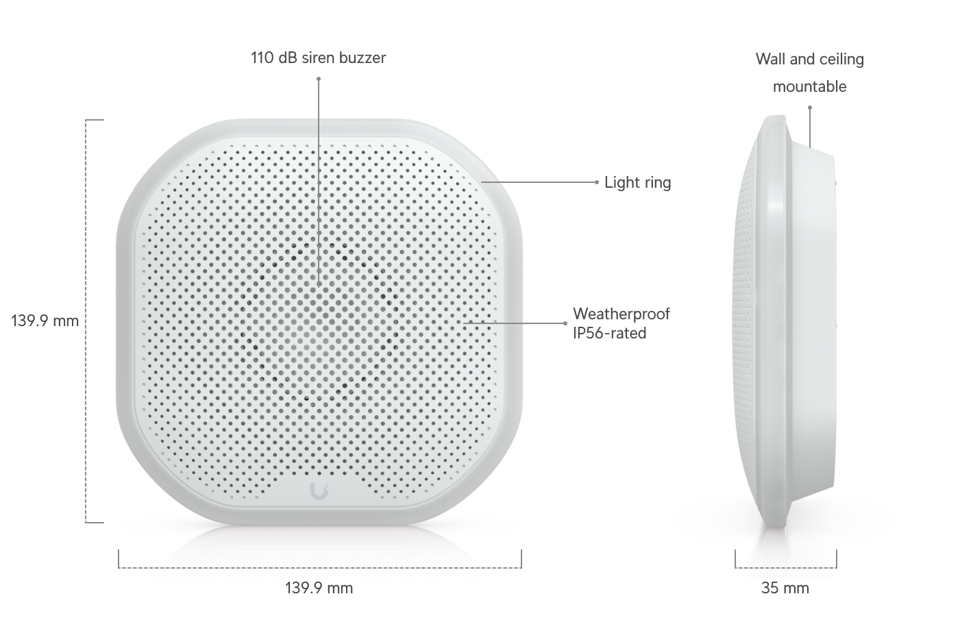 White circular mesh-style ubiquiti usl-siren wireless router with sleek design and subtle branding at the bottom