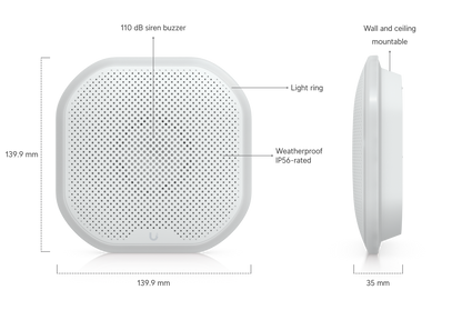 White circular mesh-style ubiquiti usl-siren wireless router with sleek design and subtle branding at the bottom