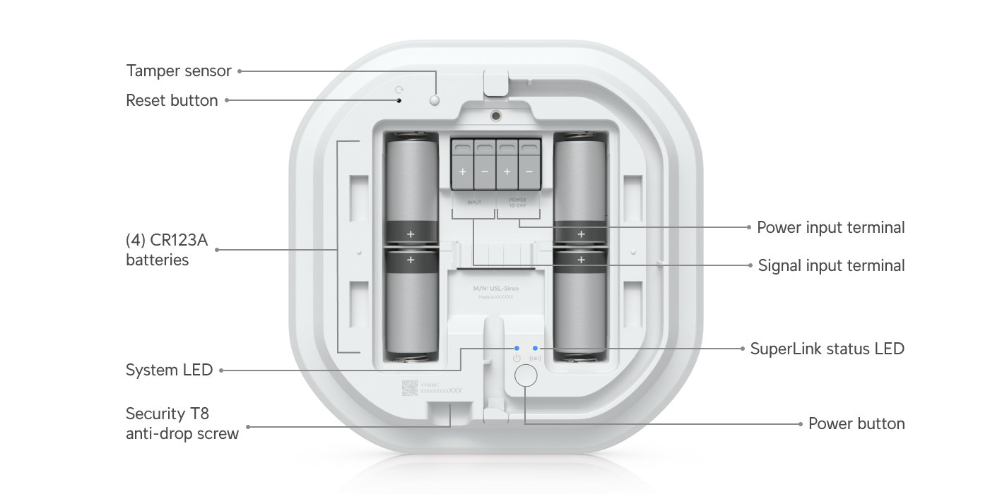 White circular ubuiquiti usl-siren robot vacuum cleaner with four cylindrical batteries and central control panel