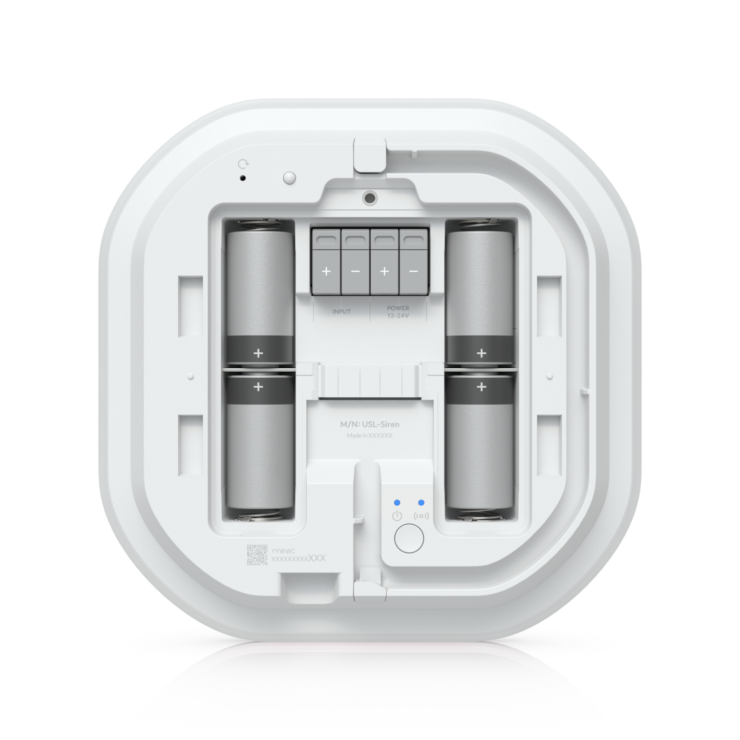White circular ubiquiti usl-siren uniFi protect superlink siren with four cylindrical batteries and central control panel