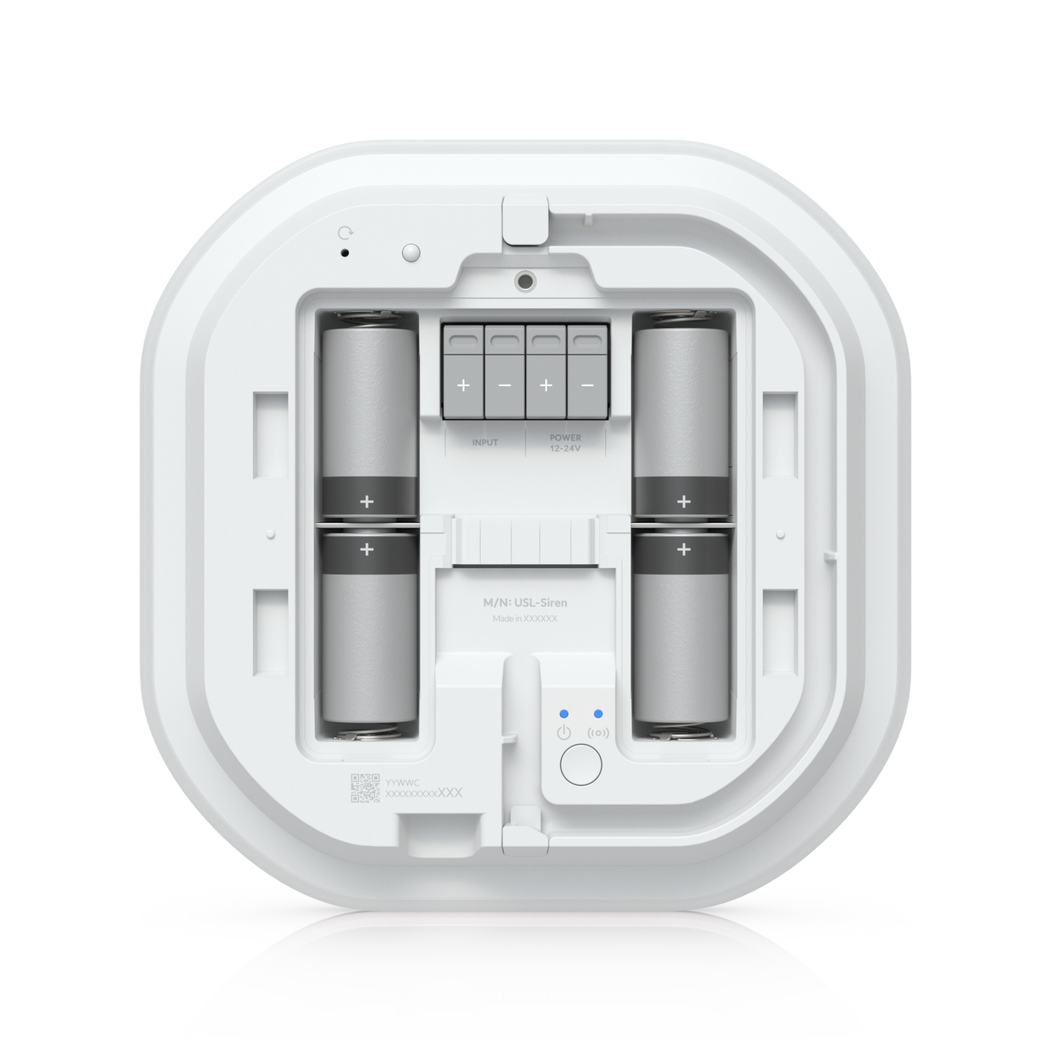 White circular ubiquiti usl-siren uniFi protect superlink siren with four cylindrical batteries and central control panel