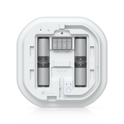 White circular ubiquiti usl-siren uniFi protect superlink siren with four cylindrical batteries and central control panel