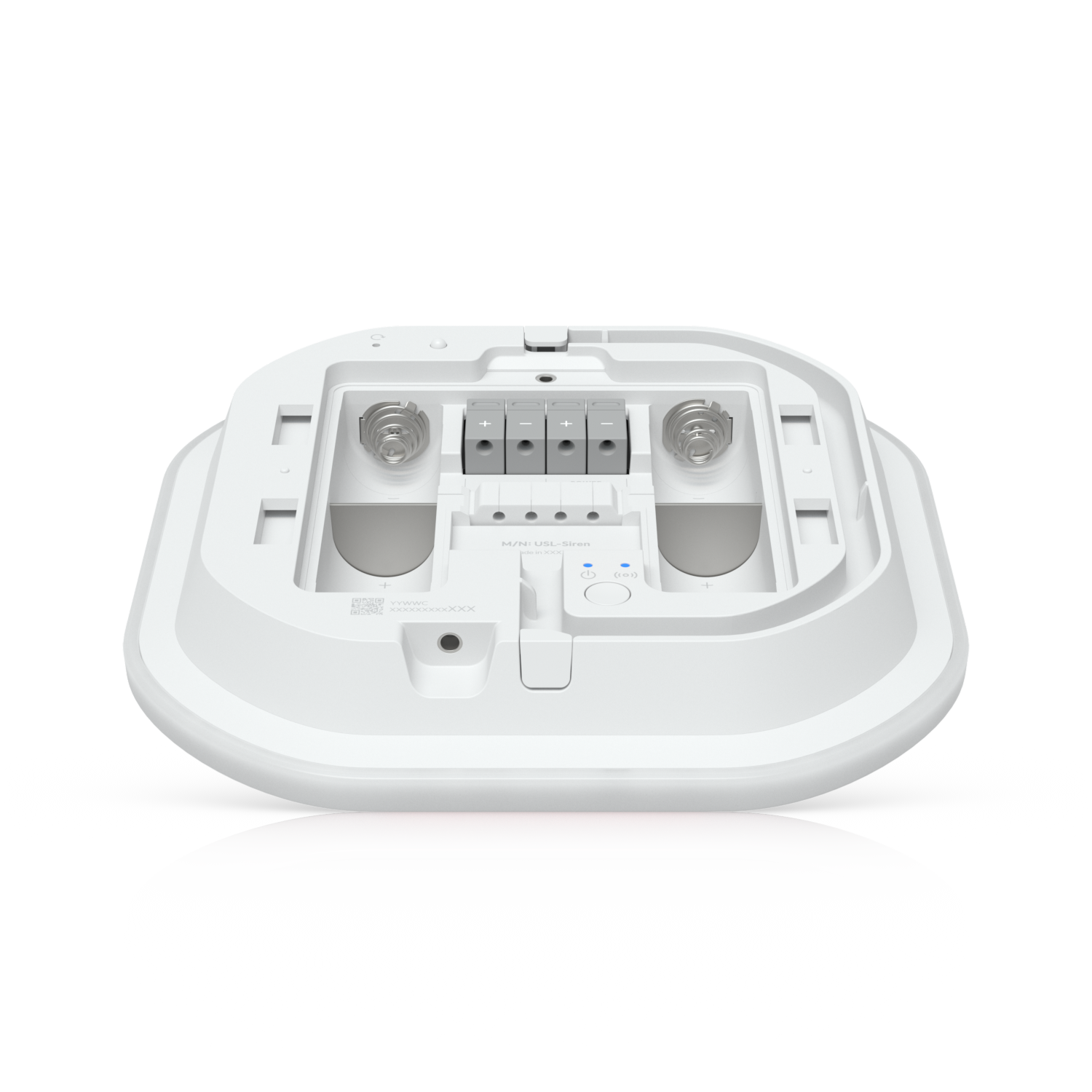 White plastic ceiling-mounted ubiquiti usl-siren wireless access point with integrated brackets and internal component slots