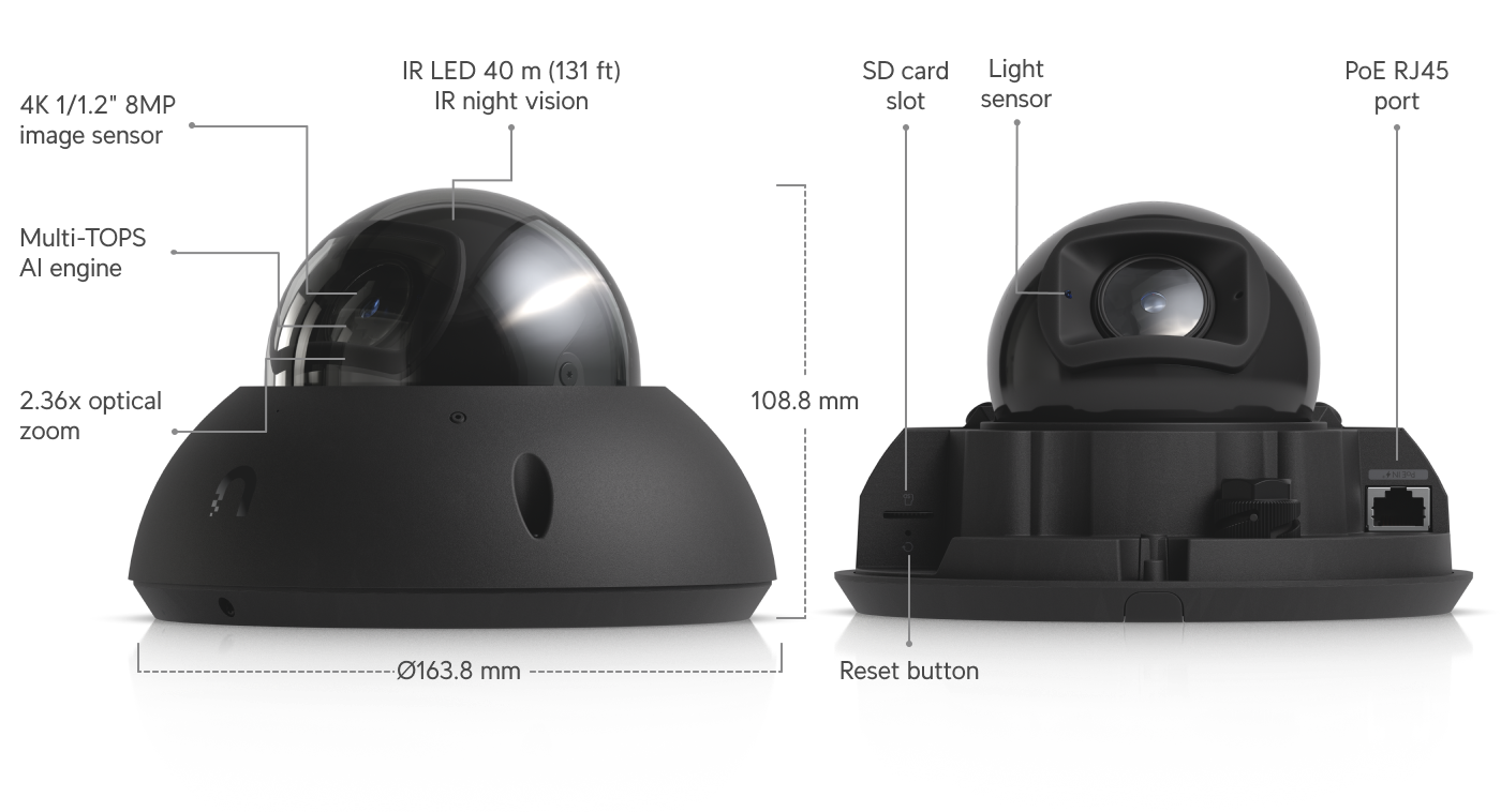 Ubiquiti UVC-G6-PRO-DOME-B | UniFi G6 Pro Dome 4K PoE+ IP Camera, AI, 2.36x Zoom, Black