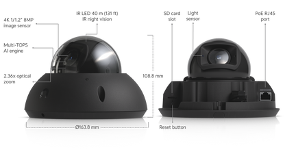 Ubiquiti UVC-G6-PRO-DOME-B | UniFi G6 Pro Dome 4K PoE+ IP Camera, AI, 2.36x Zoom, Black