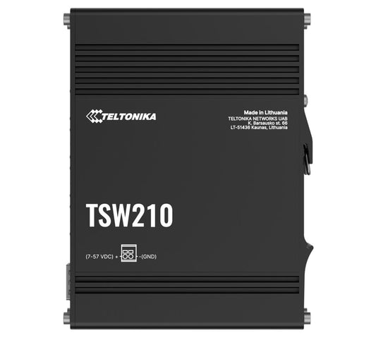 Black Teltonika TSW210 industrial gateway with matte finish and ventilation slits
