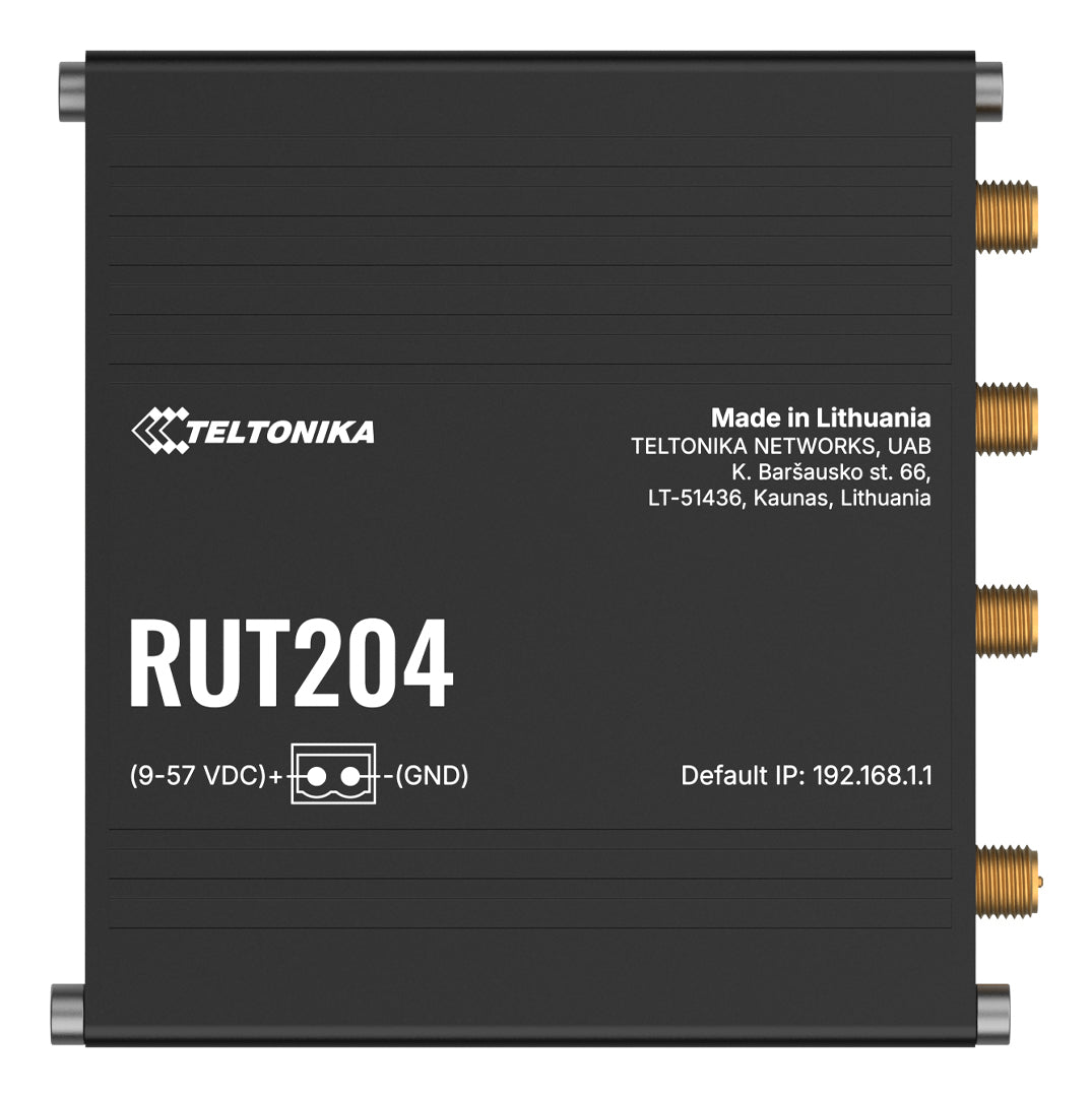 Black teltonika rut2040aaaa0 4g lte industrial router with gold coaxial connectors and silver end caps shown from back side