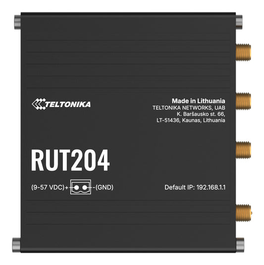 Black teltonika rut2040aaaa0 4g lte industrial router with gold coaxial connectors and silver end caps shown from back side