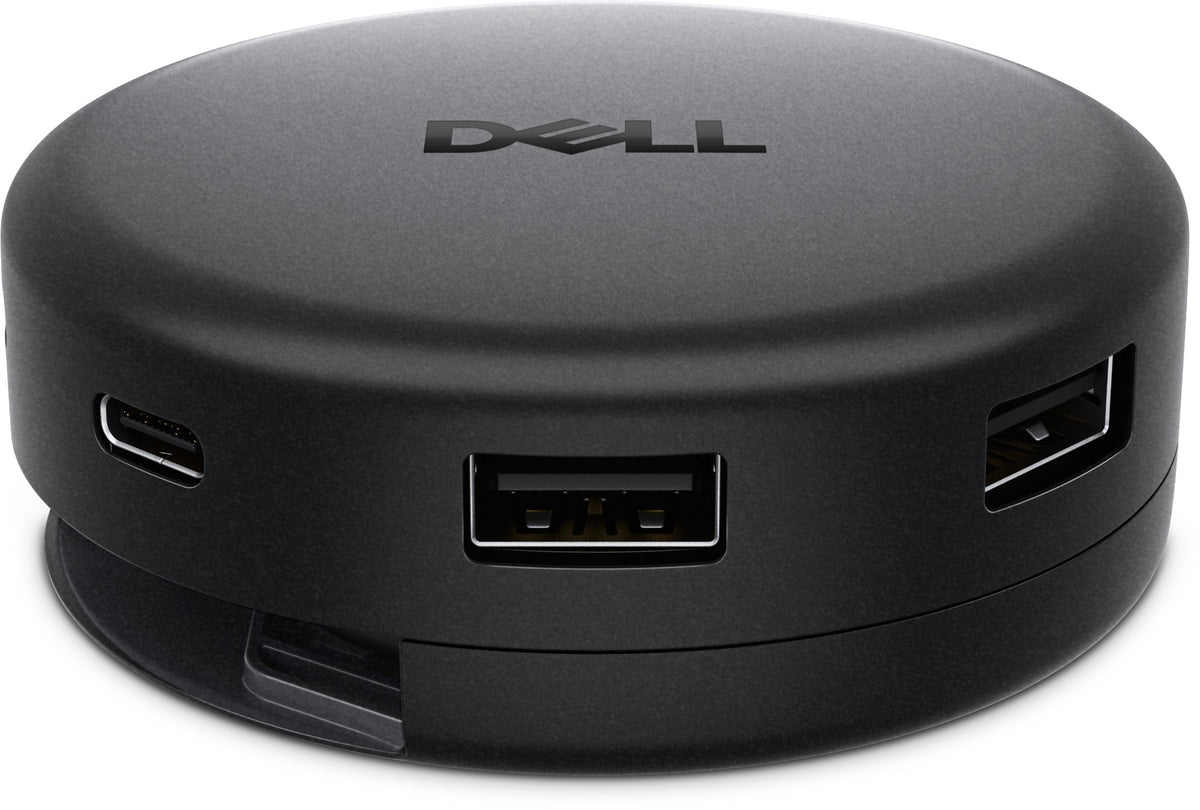 Black circular dell 450-BHBS pro da326 usb-c travel hub with multiple ports for dual display 2.5gbe and 100w power delivery
