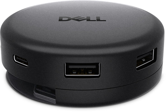 Black circular dell 450-BHBS pro da326 usb-c travel hub with multiple ports for dual display 2.5gbe and 100w power delivery