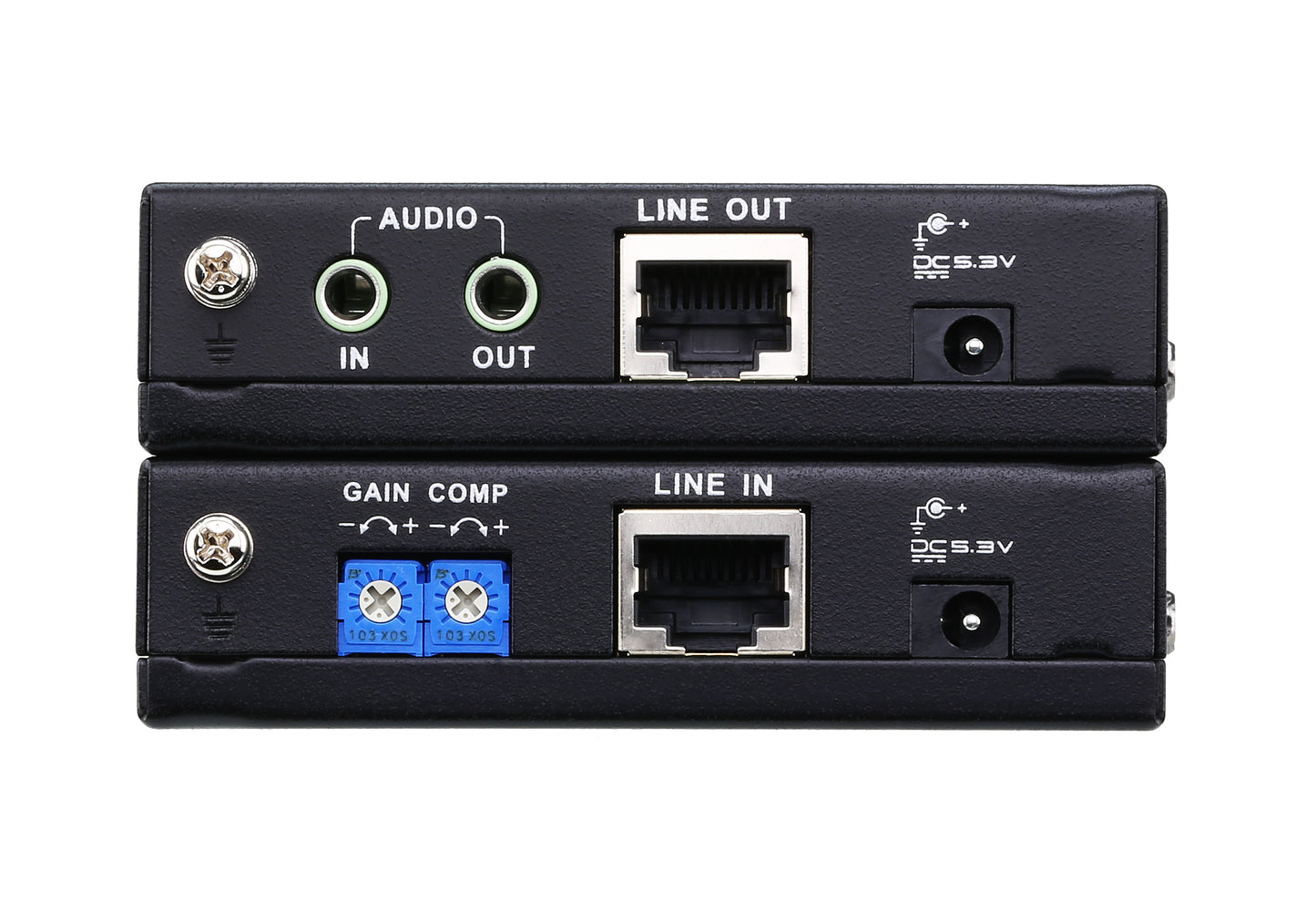 Backside of aten ve170-at-u black vga audio cat 5 av extender kit with ethernet ports audio jacks and gain knobs