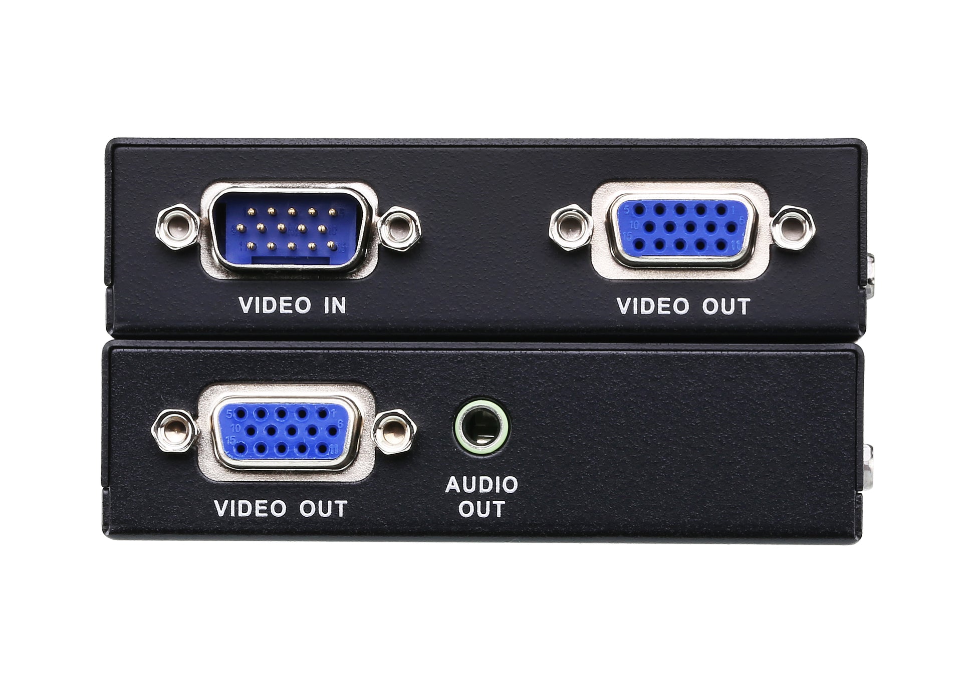 Black rectangular velen audio vga cat 5 extender back with three vga ports blue plastic connectors and 3.5mm jack