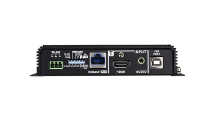 Black rectangular aten ve1843a-at-u hdbaset receiver with multiple ports including hdmi usb ethernet and audio inputs backside view