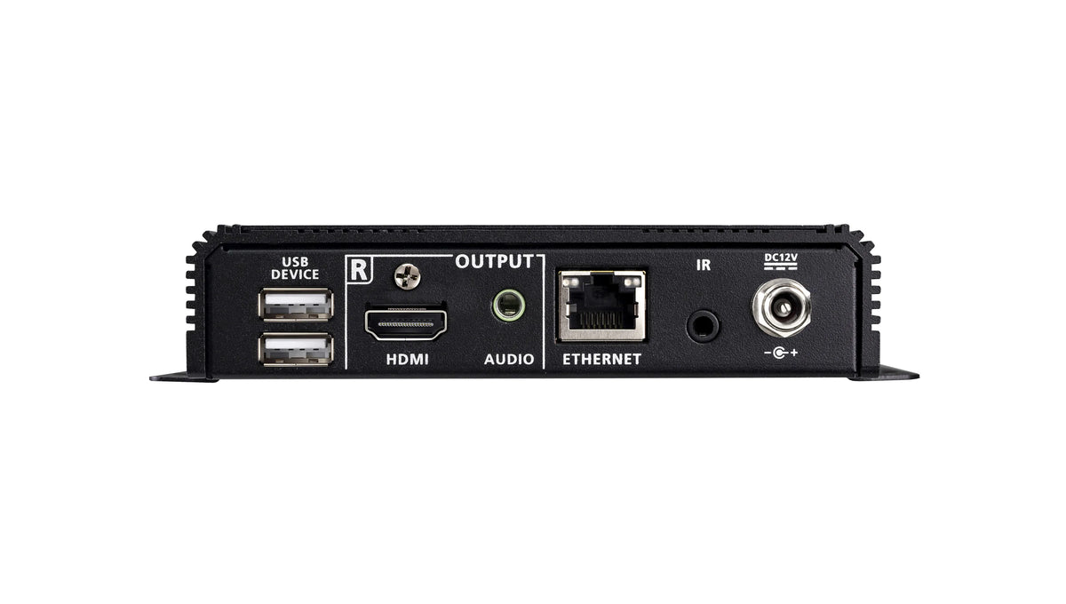 Black rectangular aten ve1843a-at-u 4k hdmi hdbaseT 3.0 transceiver back with usb hdmi audio ethernet and dc12v ports