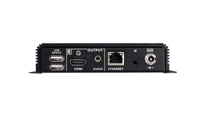 Black rectangular aten ve1843a-at-u 4k hdmi hdbaseT 3.0 transceiver back with usb hdmi audio ethernet and dc12v ports