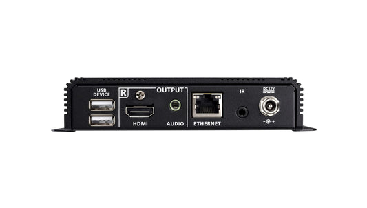 Black rectangular aten ve1843a-at-u 4k hdmi hdbaseT 3.0 transceiver back with usb hdmi audio ethernet and dc12v ports