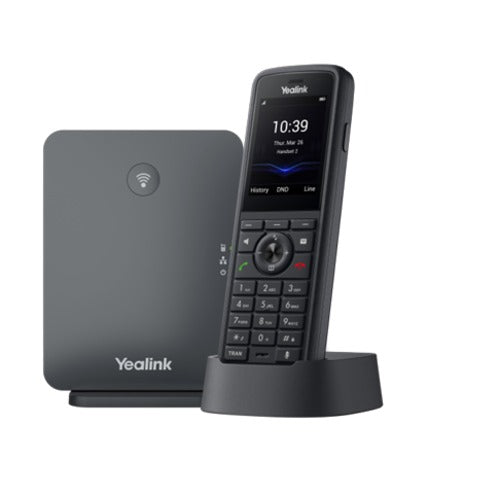 Black yealink w79p-pro ruggedized dect handset system with digital display and keypad on charging base with wireless receiver