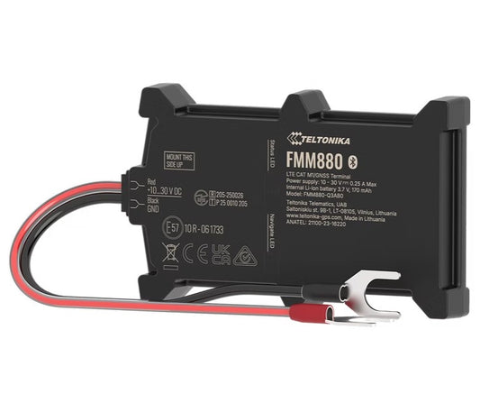 Black Teltonika FMM880 Bluetooth LTE Cat M1 GNSS terminal with red and black wiring for 4G GPS tracking IP65